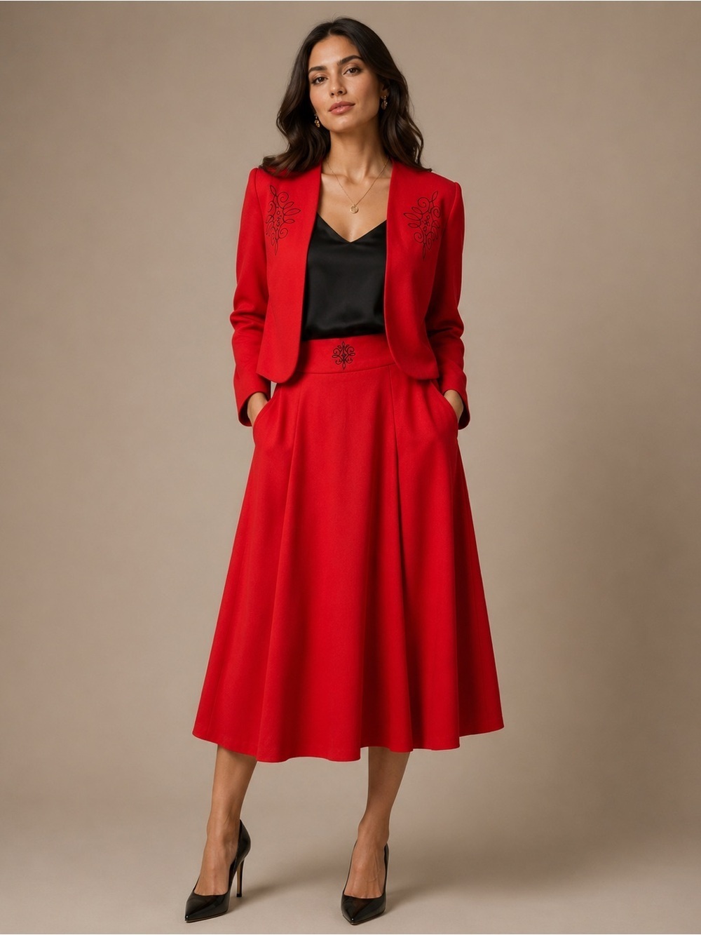 VTG LESLIE FAY Red Wool  Bolero Jacket and Skirt Sz 10 Lined Embroiderey Trim